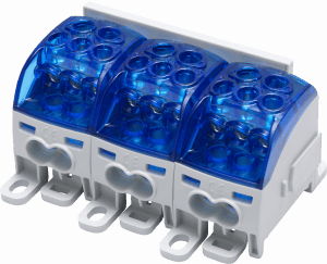 Distribution block PDB 160 pre-assembled as a block of 3 with transparent-blue covers